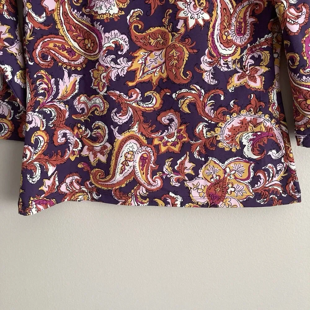 J. McLaughlin Catalina Cloth Purple Paisley Print Top Size Small Stretch Comfort